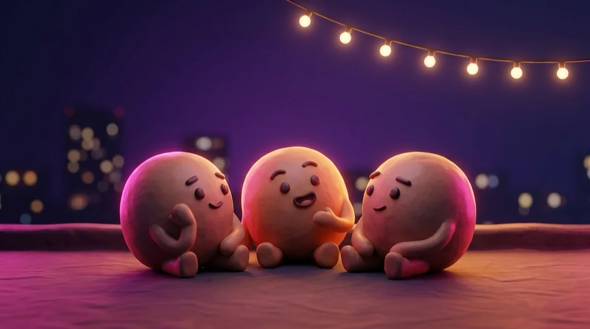เพื่อนสามคนนั่งคุยกันเงียบ ๆ บนดาดฟ้ายามค่ำ มีแสงไฟเมืองอยู่ไกล ๆ