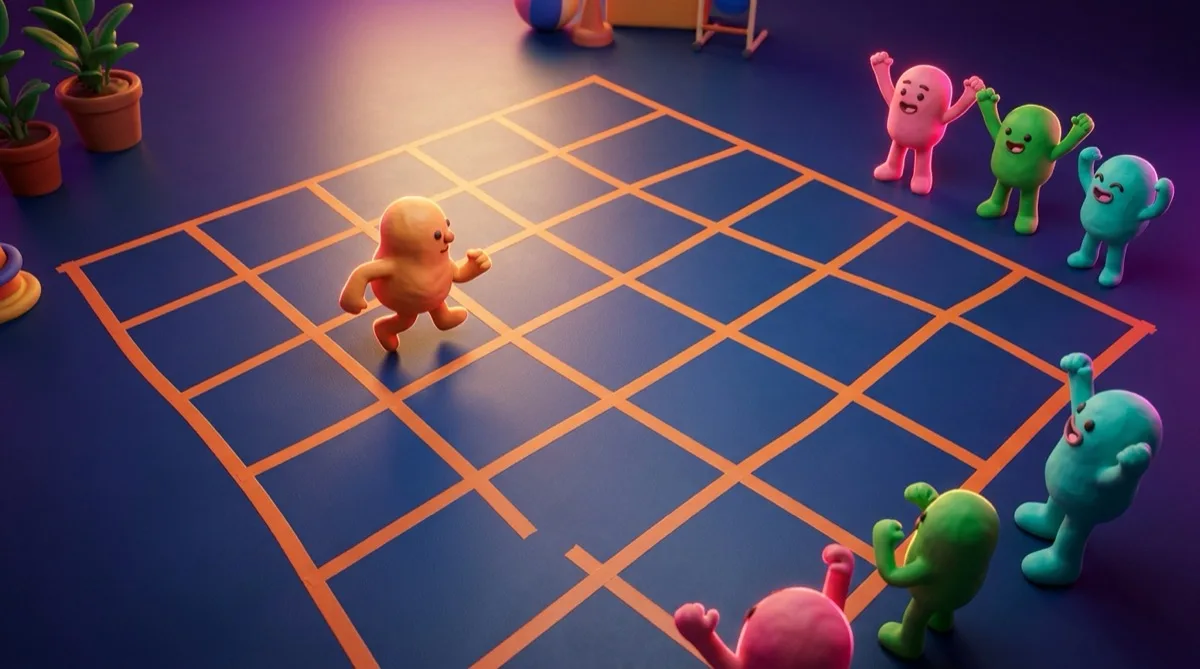 กระดานเกมขนาดใหญ่ปูด้วยกระดาษบนพื้นห้องโถงโรงเรียน มีเด็กยืนอยู่บนช่องกระดาษ