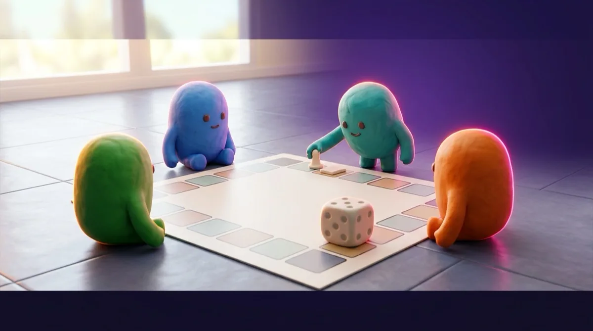 นักเรียนประถมสี่คนนั่งล้อมโต๊ะเล่นเกมกระดานในห้องเรียน มีครูยืนดูอยู่ด้านหลัง