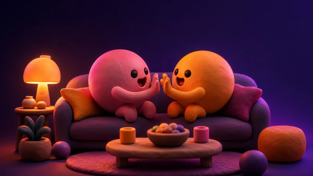 เพื่อนสองคนนั่งเล่นเกมมือกันบนโซฟาในบรรยากาศอบอุ่น