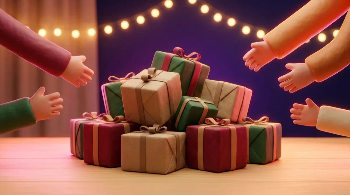กองของขวัญห่อกระดาษหลากสีวางรวมกันกลางโต๊ะ มีมือคนหลายคนกำลังยื่นหยิบ